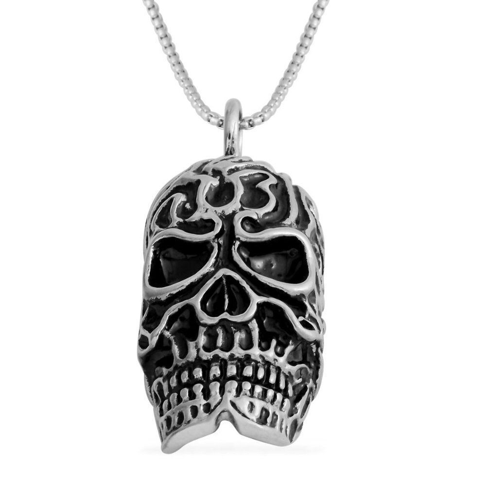 Black Oxidized Skull Pendant Necklace 24 in